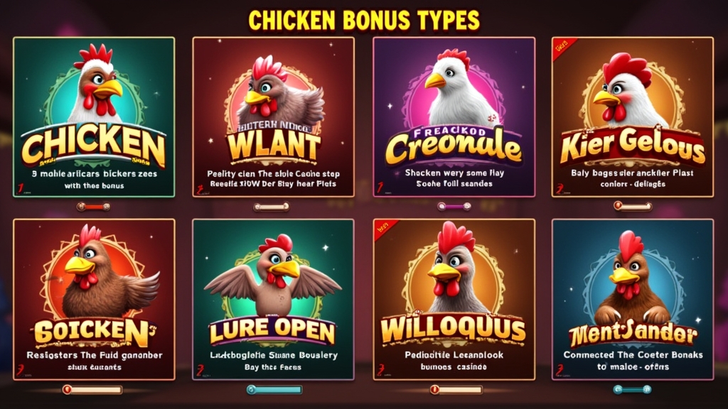 Illustration of various chicken bonus types in a casino graphic